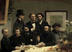 a group of men sitting around a table in front of a painting on the wall