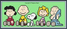 an image of the family from peanuts and friends cross stitched together on a green background