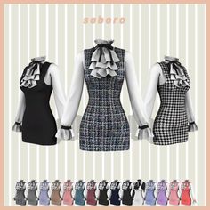 three dresses are shown in different colors and styles, one is black, the other is white