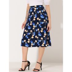 This chic, A-line midi skirt has a natural waist fit and a flared hem shaped by chiffon fabric. Hidden side zipper and pocket. Pair it with the matching top for a complete look. Easily teamed with a tucked-in blouse and high heels for a polished look. Gauzy woven fabric is dressed up with abstract white floral prints, shaping this whimsical skirt that falls from a natural waist into a twirly midi skirt creating a flattering, tailored fit. Chic Blue Knee-length Pleated Skirt, Spring Blue Pleated Midi Skirt, Spring Blue Midi Pleated Skirt, Floral Print Knee-length Skirt For Work, Knee-length Floral Print Skirt For Work, Workwear Floral Print Knee-length Skirt, Blue Midi Length Pleated Skirt For Summer, Blue Knee-length Pleated Skirt For Spring, Floral Print Flared Skirt For Workwear