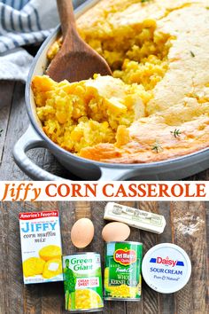 corn casserole in a pan with ingredients to make it