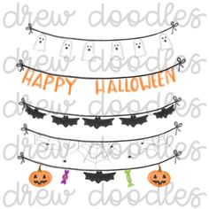 a happy halloween banner with pumpkins and bats hanging from the line, on a white background