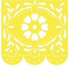 a yellow paper cutout with white flowers and leaves on it's sides, in the shape of a square