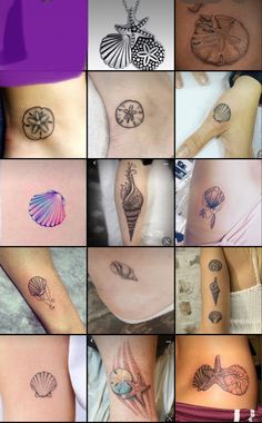 many different tattoos on the back of women's stomachs and thighs, all with shells