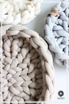 three different colors of braided rugs on a white surface with text overlay