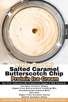 Caramel protein shakes don't taste as much like caramel once they have been frozen. So, this recipe for salted caramel butterscotch chip protein ice cream adds in a few extra ingredients to make the caramel and butterscotch flavors more intense! It tastes like ice cream...not like protein shakes! It's the creamiest, and most delicious butterscotch ice cream you'll ever have! And you get the added bonus of it being high in protein! #HighProteinDiet #BariatricDiet #IceCream Salted Caramel Ninja Creami, Premier Protein Shake Ice Cream Recipes, Ninja Creami Light Ice Cream Recipes, Creami Protein Recipes, Healthy Ninja Creami Ice Cream Recipes, Ninja Creami Recipe, Butterscotch Ice Cream