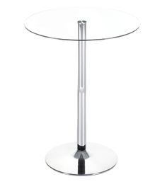 a glass table with metal legs and a round base on an isolated white background, viewed from the front