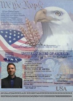 an id card with the american flag and bald eagle on it's back side