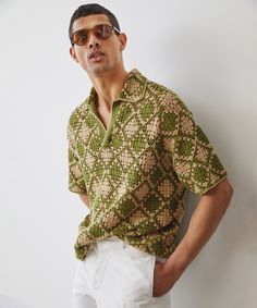 Diamond Crochet Sweater Polo in Oak Moss Crochet Shirts, Shirts Oversized, Oversized Shirts