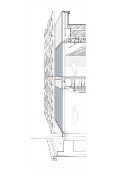 an architectural drawing of the side of a building with stairs and balconies on it