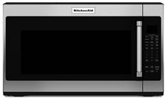 a stainless steel microwave oven with the door open