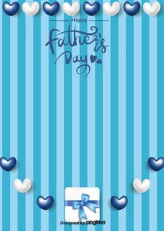 happy father's day greeting card with hearts and ribbon on blue striped wallpaper