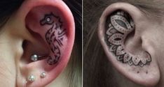 two pictures of the same ear with different designs on each side and one has an intricate design