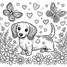 a dog with hearts and butterflies in the background