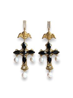 Baroque cross earrings Dolce Vita style 18K black crystal Byzantine accessories pearl angel jewelry  handmade Sicilian Cupid gift for women Step into the opulent world of Italian Baroque with my exquisite cross earrings adorned with 18K hypoallergenic alloy earring clasp, clear cubic zirconia, black crystals and natural freshwater pearls. Inspired by the lavish beauty of the Baroque era, these earrings exude luxury and elegance at every turn. Crafted with meticulous attention to detail, each ear Byzantine Accessories, Dolce Vita Style, Baroque Era, Accessories Pearl, Italian Baroque, Angel Jewelry, Handmade Jewel, Alloy Earrings, Gold Filigree