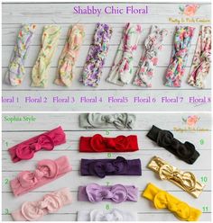 several different types of headbands with flowers and bows on the sides, all in various colors