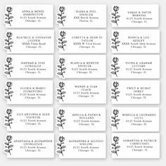 wedding place cards with black and white flowers on them, set of 10 or more