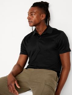 rib-knit collar short sleeves three-button placket breathable go-dry wicks moisture relaxed fit hits below waist model is approx.  6'1" and wears size mmachine wash according to the care instruction label Black Relaxed Fit Polo Collar T-shirt, Navy Moisture-wicking Collared Polo Shirt, Moisture-wicking 4-way Stretch Short Sleeve Polo Shirt, Navy Moisture-wicking Sporty Polo Shirt, Black Moisture-wicking Polo Collar T-shirt, Lily White, Family Pajamas, Jack Black, Family Maternity