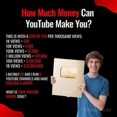 a man holding up a cardboard box with the words how much money can youtube make you?