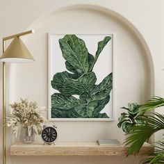 a green leafy plant on a shelf next to a clock and potted plant