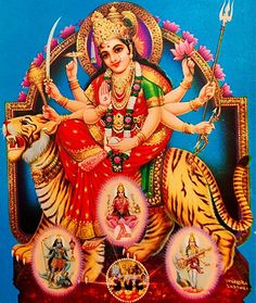 a painting of the hindu god sitting on top of a tiger