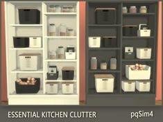 an image of a kitchen pantry with baskets and containers on the shelves in front of it