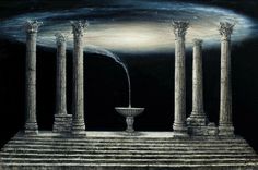 an artistic painting with columns and a fountain in front of the sky, surrounded by stars