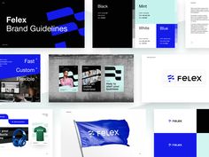 the flex brand guidelines are displayed in several different styles and colors, including blue, black, white, and green