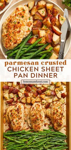 chicken, potatoes and green beans in a pan with text overlay