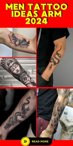 men's arm tattoos with the words men tattoo ideas and designs on them, including dragon