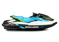 a white and blue sea - doo is parked in front of a white background with the words sea - doo on it