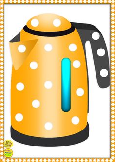 a yellow and black iron with polka dots on the side, in front of a white background