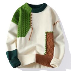 Winter Crew Neck Patchwork Sweatshirt, Winter Patchwork Crew Neck Sweatshirt, Trendy White Patchwork Sweater, Green Long Sleeve Patchwork Sweater, Casual Crew Neck Sweater With Patchwork, Casual White Patchwork Sweater, Fall Crew Neck Patchwork Sweater, Green Patchwork Long Sleeve Sweater, Beige Patchwork Sweater For Winter