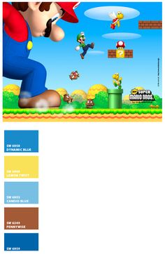 an image of mario running on the nintendo wii game screen with color swatches and text