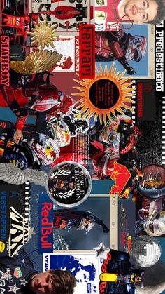 a collage of photos with different things on them and the words red bull written in black