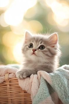 a small kitten sitting in a basket on top of a blanket and looking up at the camera