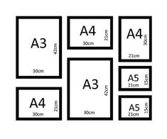 four square frames with the names and measurements for each one, all in black on a white background