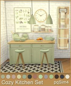 an image of a kitchen setting with stools and counter tops in pastel colors