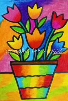 a painting of flowers in a pot on a colorful background with the words sunny sunshine art classes