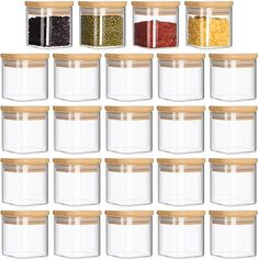 twelve clear storage containers with wooden lids