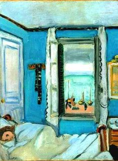 a painting of a bedroom with blue walls