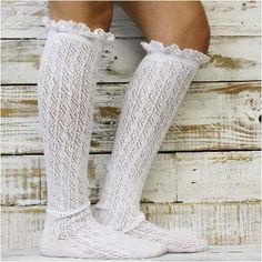 LOLITA bright white lacy knee socks for women, cute baby doll style Back in stock! Our pretty white crochet lace top knee socks is super soft and stretchy. This girly socks looks great with baby doll dress, long peasant tops and just adorable peeking out from your favorite tall boots. Will stretch to 17" where lace is sewn and more in calf area. Pretty sock will fit women's shoe size 6-10 100% super soft acrylic yarns AS SEEN IN THE SELKIE PHOTO SHOOT Girly Socks, Lacy Socks, White Crochet Lace Top, Wendy Darling, Pretty Socks, Hand Knit Socks, Crochet Lace Top, Crochet Socks, Baby Doll Dress