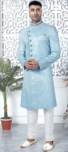 Blue color Sherwani in Art Silk fabric with Embroidered, Sequence, Thread work Traditional Blue Bandhgala With Chikankari Embroidery, Blue Bandhgala With Chikankari Embroidery For Festive Occasions, Diwali Blue Bandhgala With Intricate Embroidery, Blue Chikankari Embroidery Kurta For Reception, Festive Blue Bandhgala With Intricate Embroidery, Ceremonial Blue Kurta With Cutdana, Blue Cutdana Kurta For Ceremonial Occasions, Blue Kurta With Chikankari Embroidery For Reception, Ceremonial Blue Bandhgala With Chikankari Embroidery