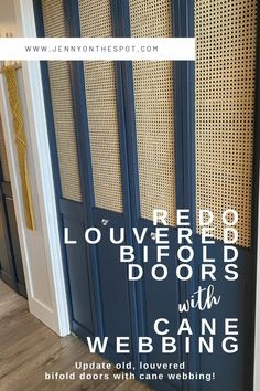 an advertisement for the red clover bifold doors with cane webbing is shown in white and blue