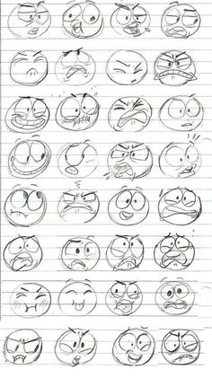 a bunch of different faces drawn on lined paper