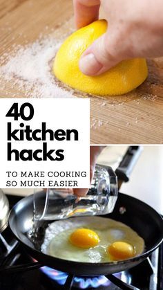 a person is cooking eggs in a frying pan on the stove and then using a sponge to clean them