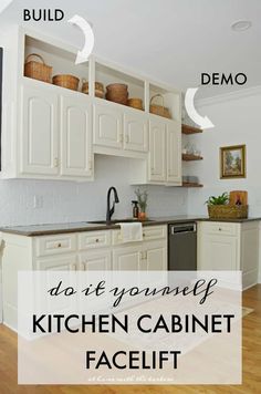 a kitchen with white cabinets and black counter tops, labeled do it yourself kitchen cabinet facelift