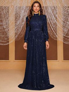 Women's Solid Color Sequin Long Sleeve Stand Collar Evening Maxi Dress Navy Blue   Long Sleeve Sequins Plain,All Over Print A Line Slight Stretch  Weddings & Events, size features are:Bust: ,Length: ,Sleeve Length: Evening Party Dress Classy, Gown For Graduation, Glitter Dress Long, Wedding Guest Gown, Graduation Dinner, Wedding Guest Gowns, Party Dress Classy, Modest Evening Dress, Evening Maxi Dress