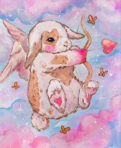 a painting of a bunny holding a bow in the air with butterflies flying around it