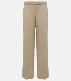 Banew Virgin Wool Wide Leg Pants in Beige - The Row | Mytheresa Business Casual Wide Leg Pants With Pressed Crease, Tailored Wool High-waisted Pants, Timeless Wide Leg Workwear Pants, Tailored High-waisted Wool Pants, Tailored Wide Leg Pants For Business Casual, Chic Wide Leg Dress Pants With Concealed Placket, Tailored Wool Wide Leg Pants, Classic Wide-leg Pantsuit, Tailored Timeless Wide Leg Dress Pants